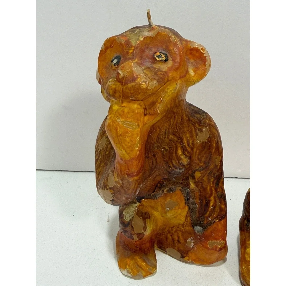 Vintage Monkey Figural Wax Candles Set of 2‎ Brown Orange Primitive Kitsch Decor
